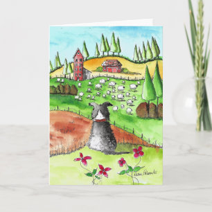 Bordure Collie et mouton, Aquarelle Carte d'art po