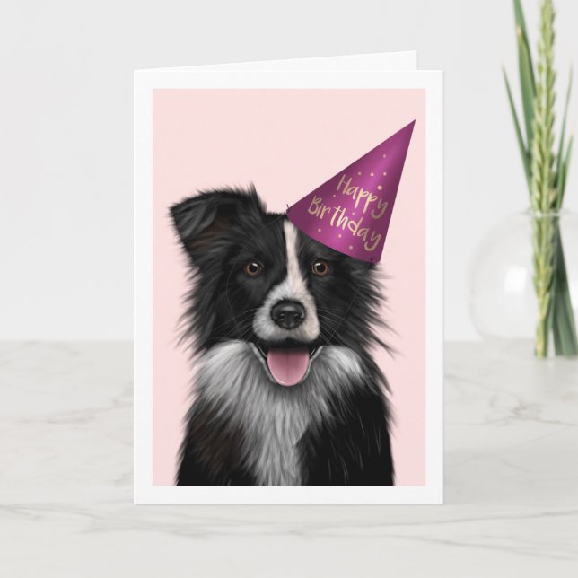 Bordure Collie rose Carte de voeux Anniversaire (Devant)