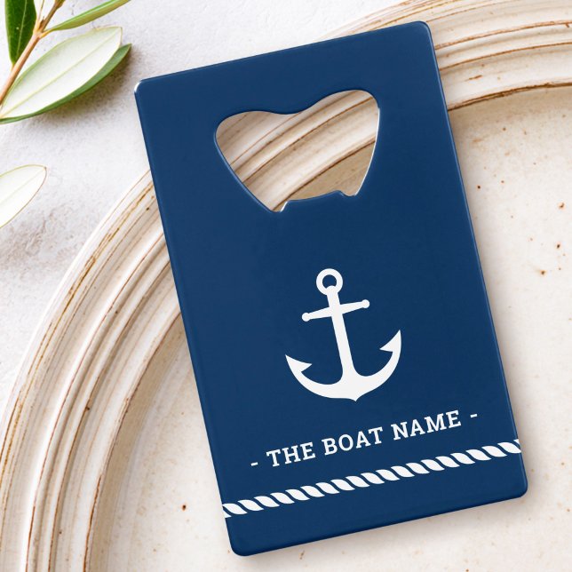 Bordure de corde d'ancre nom du bateau bleu foncé (Anchor rope border boat name dark blue credit card bottle opener)