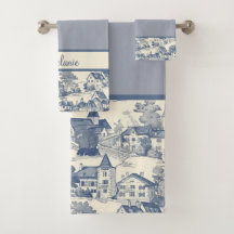 Bordure de scène de village Toile de Jouy sur fond