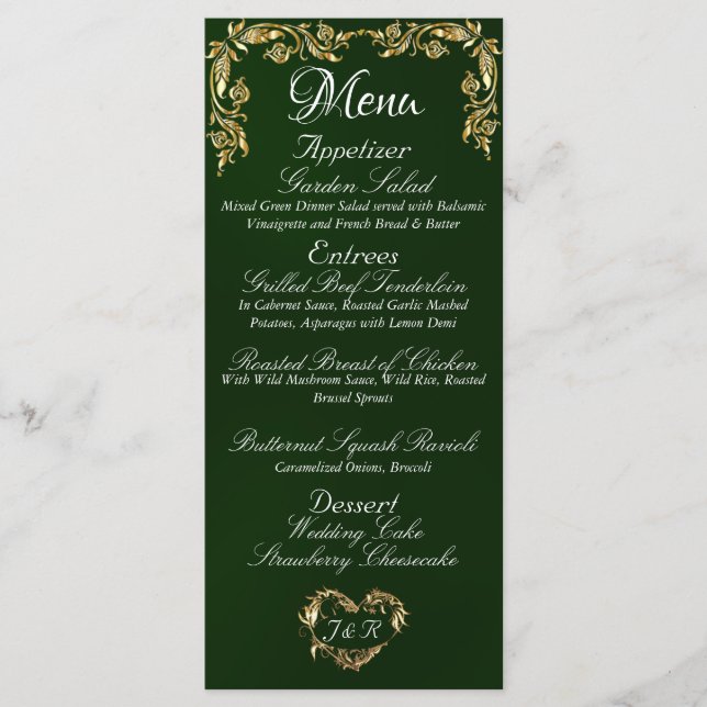 Bordure d'or sur le menu Mariage Emerald (Devant)