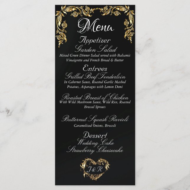 Bordure d'or sur le menu Mariage noir élégant (Devant)