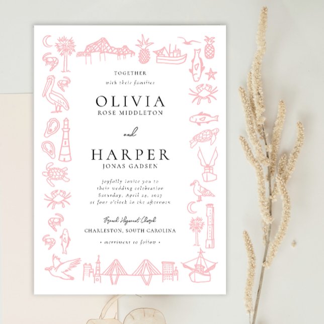 Bordure en toile de Charleston en Faire-part de ma (Rose Pink Charleston Toile wedding invitation by Erika Firm for Zazzle)