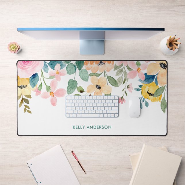 Bordure Florale Aquarelle Botanique Gris Rose Pêch (Bureau 1)