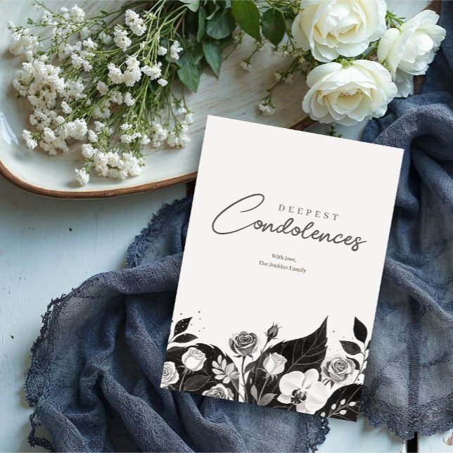 Bordure Florale Élégante Noir & Blanc de Sympathie (Elegant Black & White Floral Border Sympathy Card Design.)