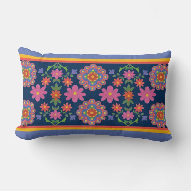 Bordure Motif Floral Rangoli, Coussin Lumbar bleu (Recto)