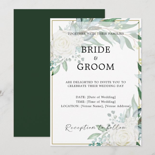 Bordure or Faire-part de mariage de verdure fleuri (Devant / Derrière)
