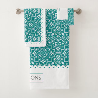 Bordures blanches turquoises en damas blanc