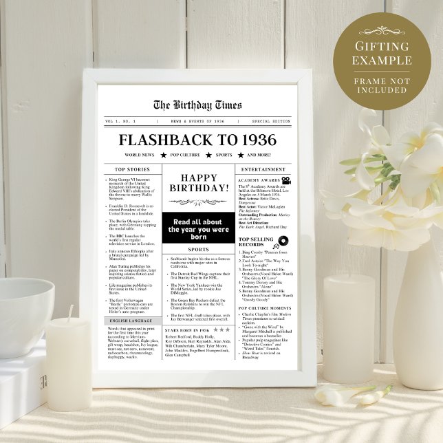 Born in 1936 Fun Newspaper black and white (Créateur téléchargé)