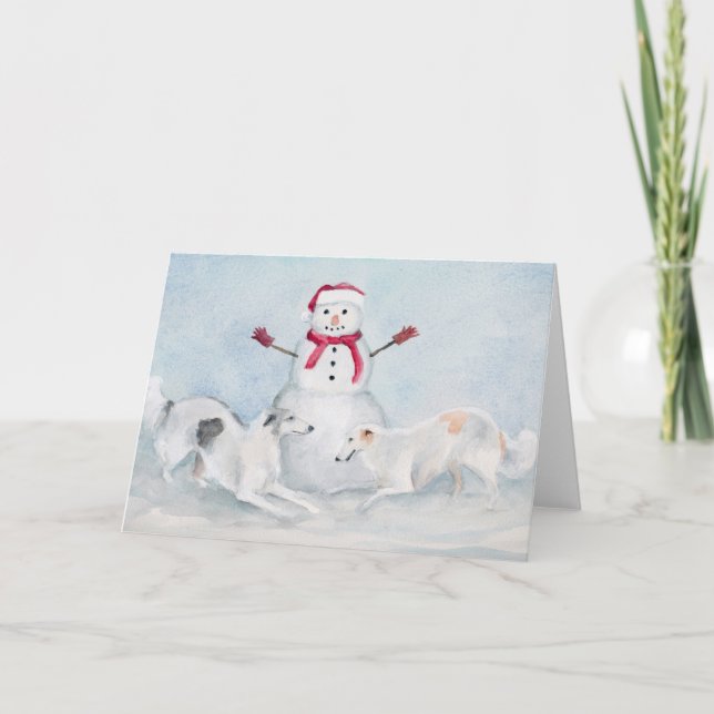 Borzoi Jouer avec Snowman Dog carte de voeux Art (Devant)