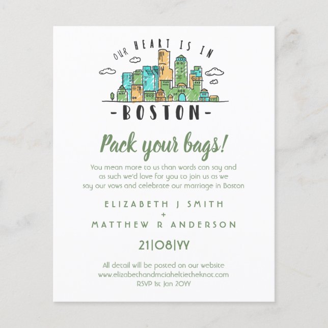 BOSTON Mariage dessiné Skyline Moderne Invitation (Devant)