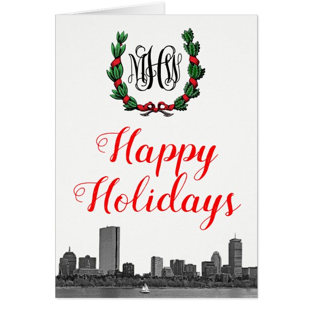 Boston Skyline Christmas Wreath Joyeux jours férié (Devant)
