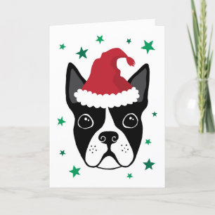 Boston terrier avec la carte de Noël du chapeau de