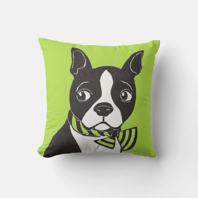 Boston Terrier avec le coussin vert d'arrière - (Recto)