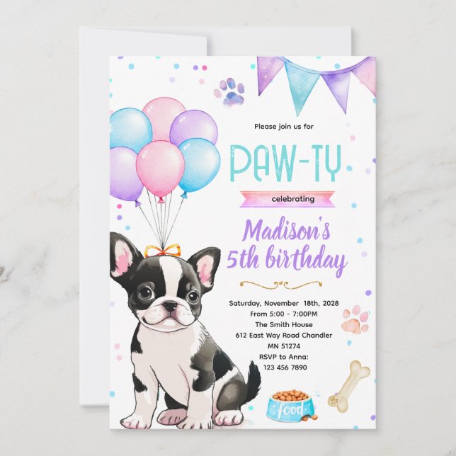 Boston Terrier girl theme invitation (Devant)