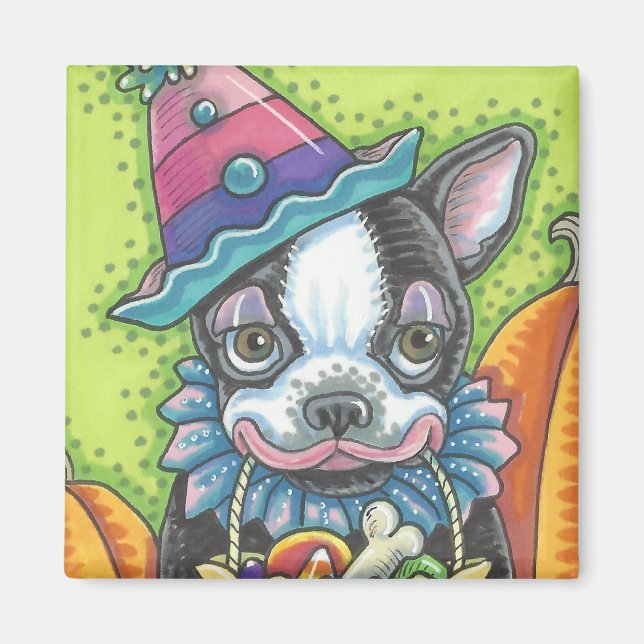 BOSTON TERRIER HALLOWEEN CLOWN, Carré CHIEN MAGNET (Devant)