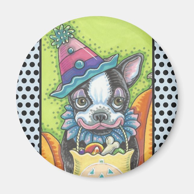 BOSTON TERRIER HALLOWEEN CLOWN, CHIEN MAGNET Round (Devant)