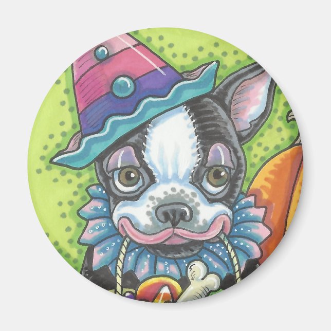 BOSTON TERRIER HALLOWEEN CLOWN, CHIEN MAGNET Round (Devant)
