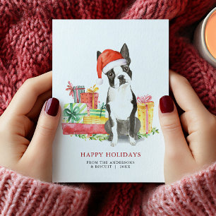 Boston Terrier Noël présente une carte de vacances