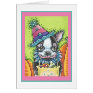 BOSTON TERRIER PUP, HALLOWEEN CLOWN CHIEN CARD VER