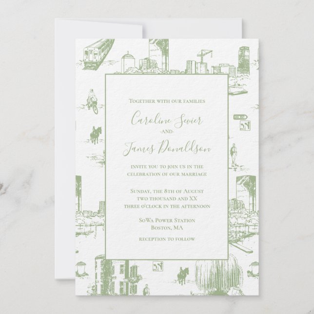 Boston Toile Sage Green Faire-part de mariage (Devant)