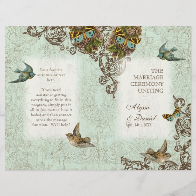 Botanica Birds Butterfly Swirl Wedding Program (Devant)