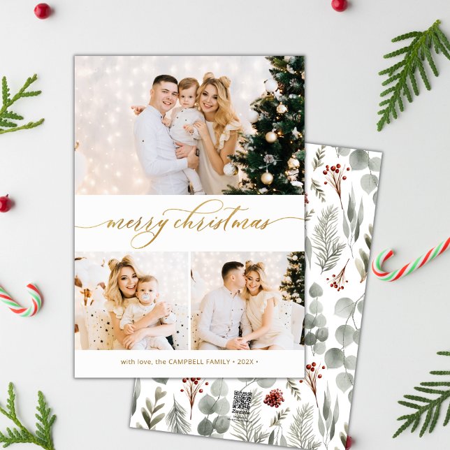 Botanical Green 3 Photo Collage Carte de Noël (Créateur téléchargé)