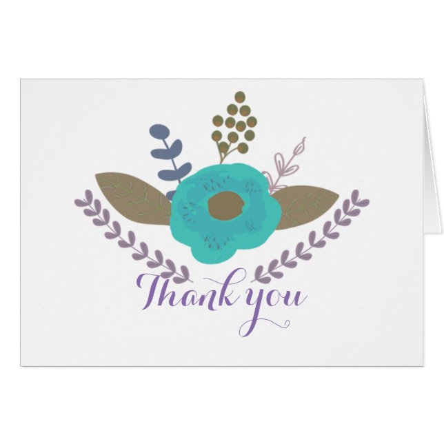 Botanical Leaves & Teal Blue Floral Thank You Card (Devant Horizontal)