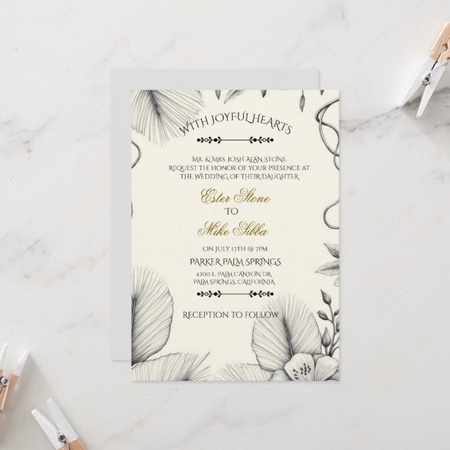 Botanical line art Wedding Invitation  (Devant/Arrière en situation)