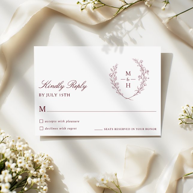 Botanical Monogram Burgundy Script Wedding RSVP (Créateur téléchargé)