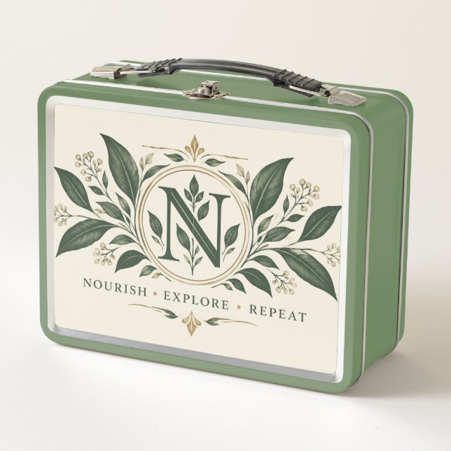 Botanical Monogram Green Lunchbox – Elegant Nature (Devant)