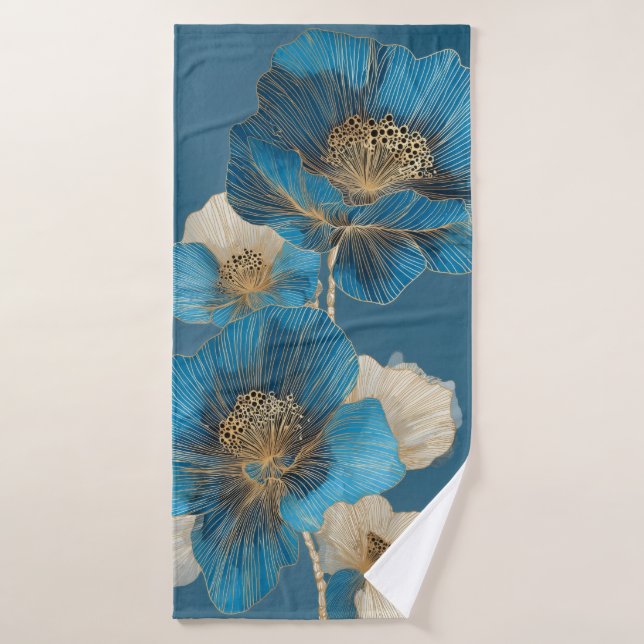 Botanical Poppy Blue Gold Line Art Floral (Serviette de bain)