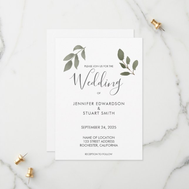 Botanical watercolor leaves wedding invitation (Devant/Arrière en situation)