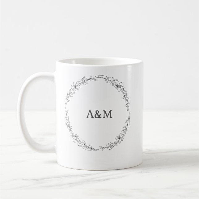 Botanical Wreath Fine Line Art Wedding Couple Mug (Gauche)