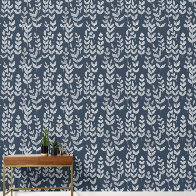 Botanique Argent Vins Feuille Marine Mur bleu (Couloir)