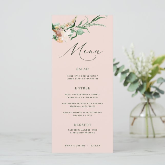 Botanique Boho Green Blush Pink Mariage Menu (Debout devant)