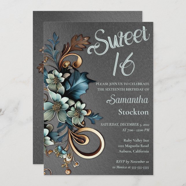 Botanique dorée avec Silver Sweet 16 Invitation (Devant / Derrière)
