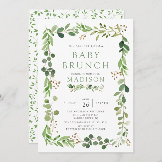 Botanique Feuille verte Bébé Brunch Invitation (Devant / Derrière)