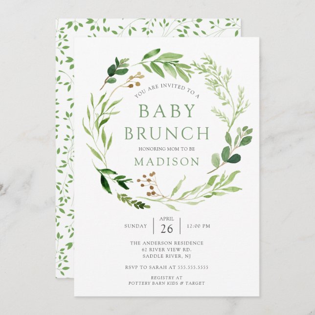Botanique Feuille verte Bébé Brunch Invitation (Devant / Derrière)