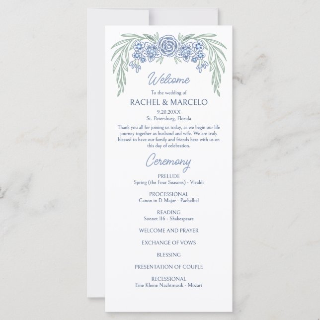 Botanique Floral Dusty Blue Marine Wedding Program (Devant)