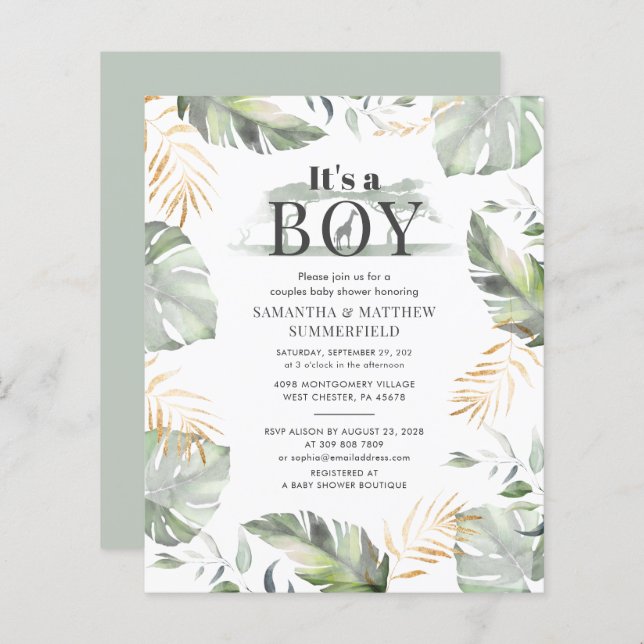 Botanique Jungle Animal Boy Baby shower Invitation (Devant / Derrière)