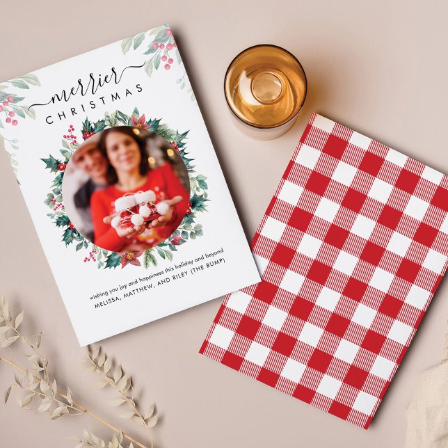 Botanique Noël Photo Faire-part de grossesse (Plaid Red Green Pregnancy Announcement Botanical Photo  Script Card)