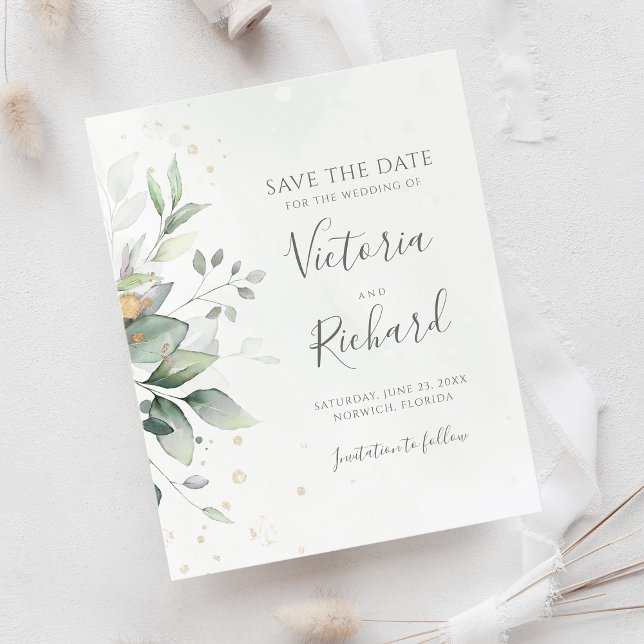 Botanique Or Vert Eucalyptus Enregistrer La Date (Créateur téléchargé)