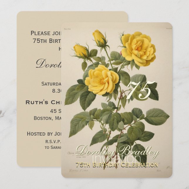 Botanique Rose Jaune 75e anniversaire Invitation (Devant / Derrière)