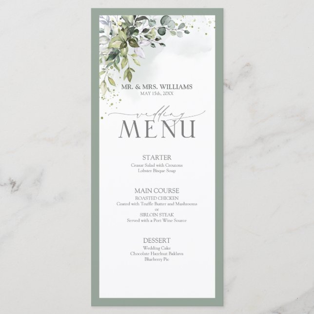 Botanique Vert Floral Aquarelle Menu Mariage (Devant)