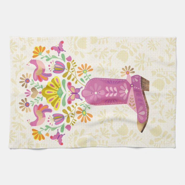 Botte de cowboy à fleurs rétro, serviette de cuisi (Horizontal)
