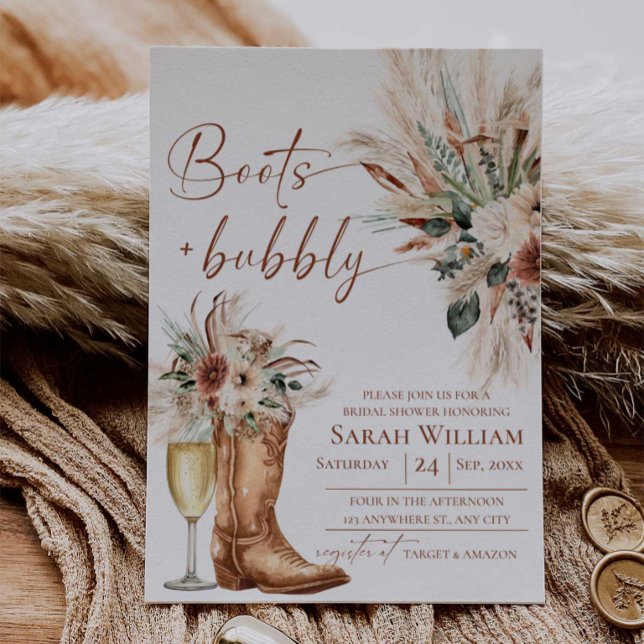 Bottes et bulles Invitation de fête prénuptiale ru (Boots and Bubbly Bridal Shower Invitation | Rustic Western Boho Terracotta)