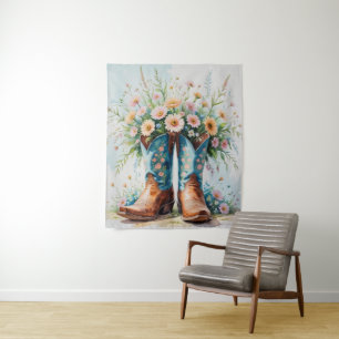 Bottes et tapisserie de fleurs de poules   Art mur