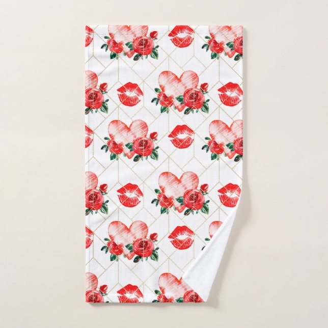 Bouche De Baiser Avec Motif Coeur Et Roses Rouges (Serviette à main)
