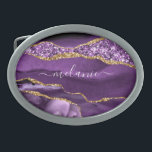 Boucle De Ceinture Ovale Agate Purple Gold Belt Buckest avec nom personnali<br><div class="desc">Nom personnalisé personnalisé Boucle de ceinture avec Agate Violet Or Parties scintillant Géode Boucles de ceinture en marbre - Votre anniversaire - Anniversaire ou Mariage Cadeau / Fournisseur - Ajouter votre nom - Texte ou Supprimer - Faire votre cadeau spécial - Redimensionner et déplacer ou ajouter du texte / des...</div>